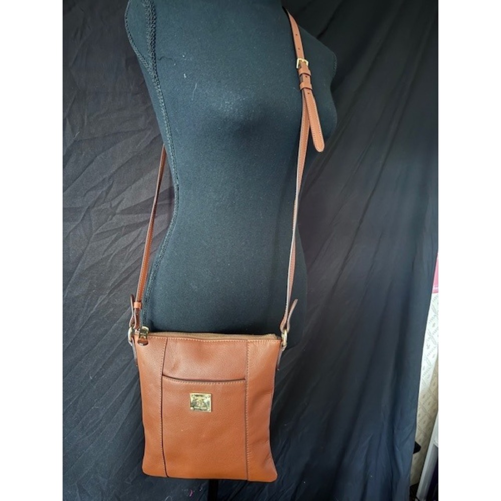 Lauren Ralph Lauren Tan Pebbled Leather Crossbody Bag Gold Logo Brown Small - Picture 2 of 6